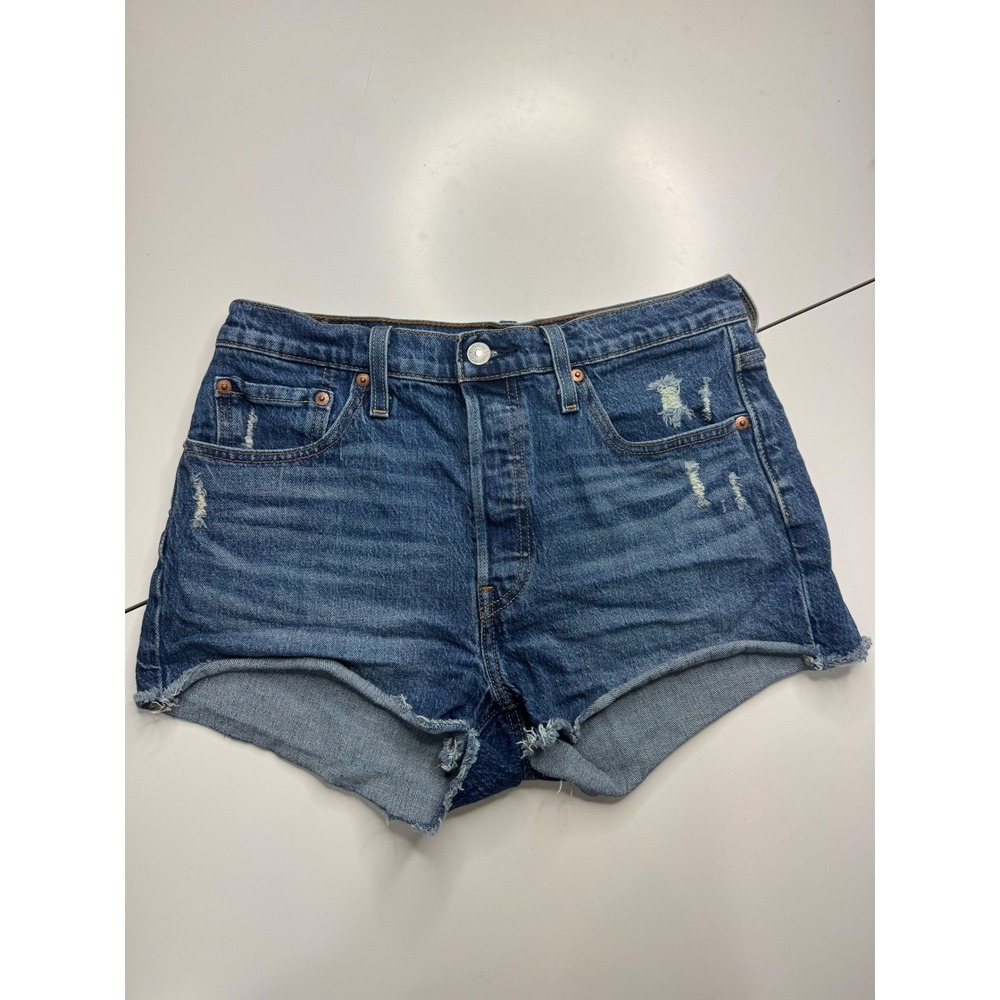 Levis 501 Original High Rise Denim Shorts Medium Wash Distressed Cut Off W29